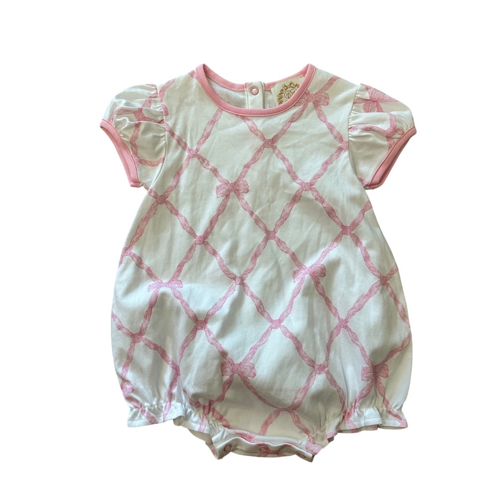 Beaufort Bonnet Company 2T Pink Bow Trellis Pima Cotton Bubble Romper White